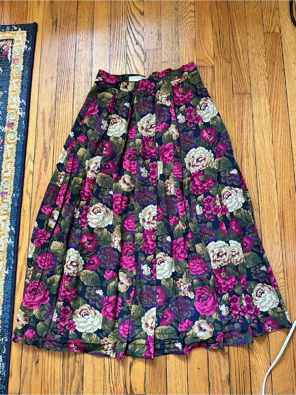 VintageLiz Claiborne Black Floral Pleated Midi Skirt with Pink and Cream Flowers